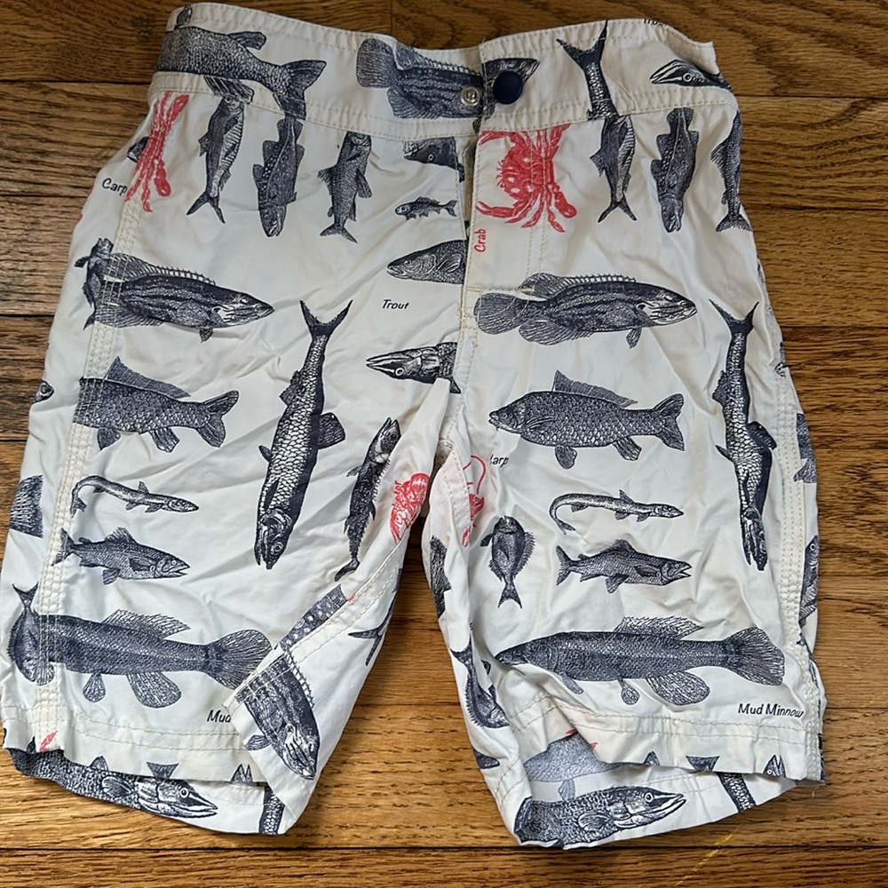 Crewcuts White Swim Trunks with Navy Fish Print and Red Lobster Details